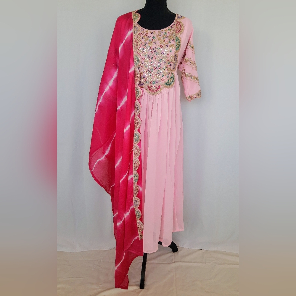 Georgette anarkali gown with leheriya dupatta